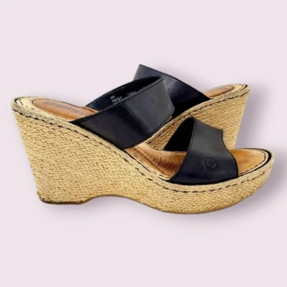 Born Black Leather Wedge sandals  size 9 - Picture 3 of 13